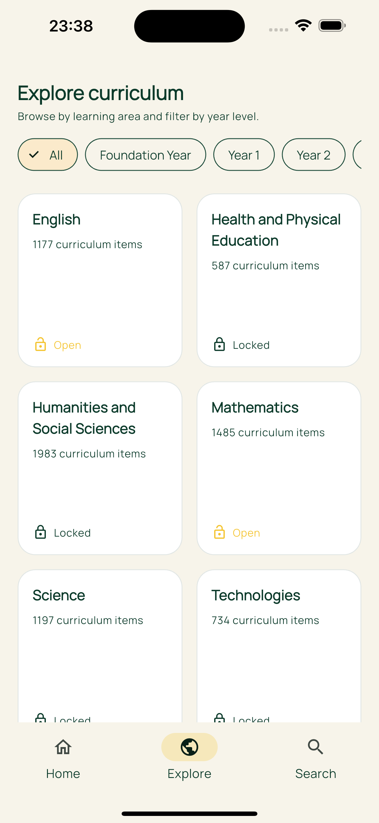 Explore curriculum screen