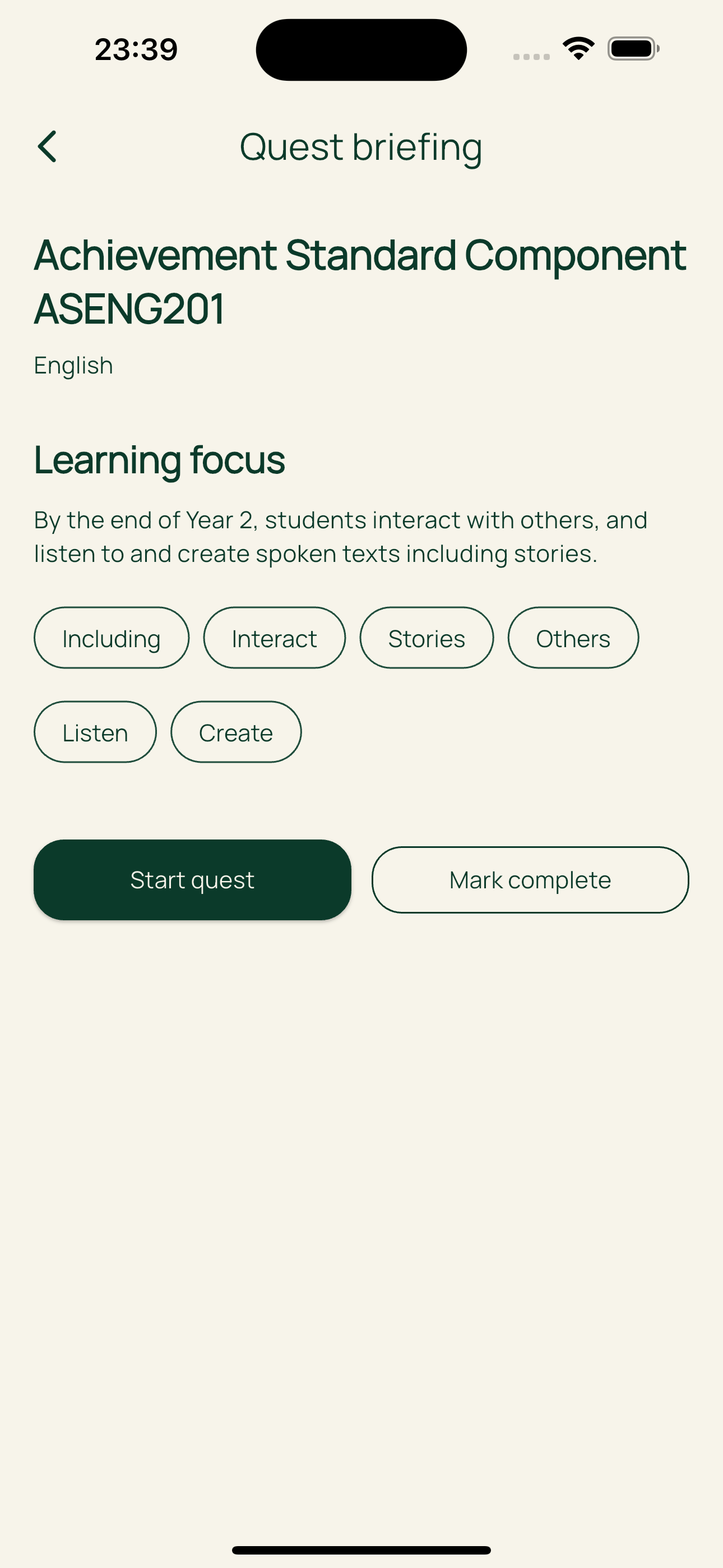 Quest experience screen